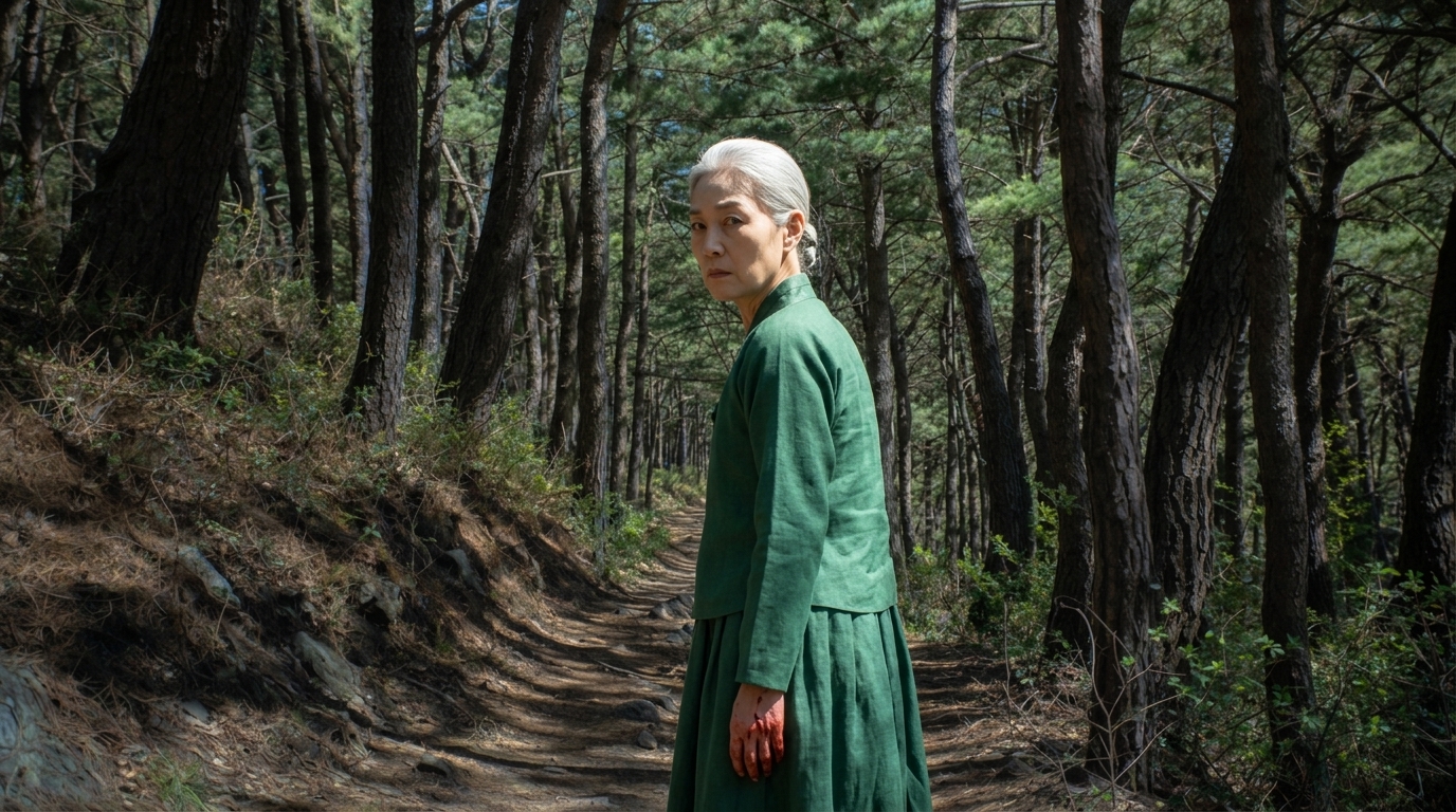 몸을 반쯤 돌린 채 고산들을 날카롭게 쏘아보는 강영란(흰 머리 여자)의 서늘한 얼굴.