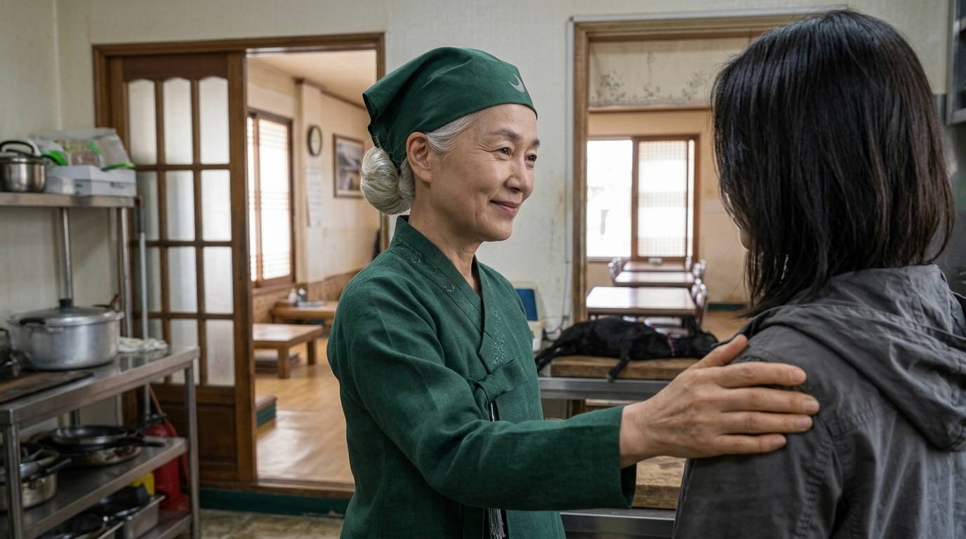 자애로운 미소를 띤 채 뻗은 손을 김지후(강수리영)의 어깨 위에 얹고 정지한 강영란(흰 머리 여자)의 상체.