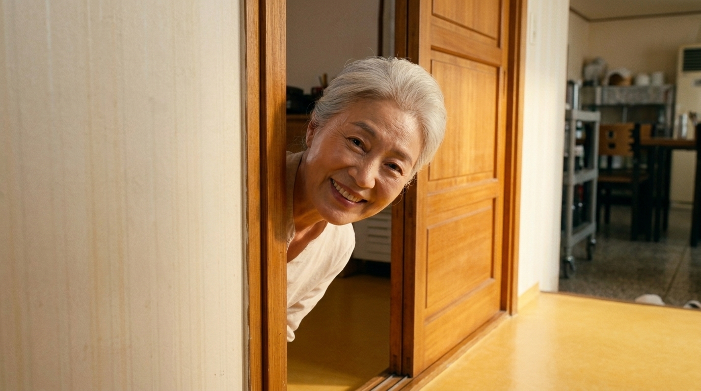 열린 방문 틈으로 고개를 내민 채 환하게 미소 짓는 강영란(흰 머리 여자)의 넉넉한 얼굴
