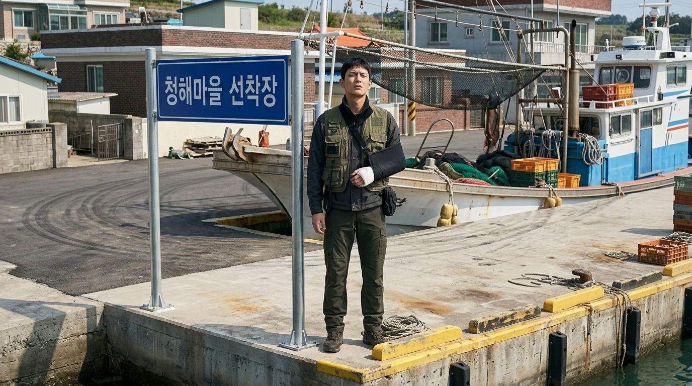 낚시꾼 복장으로 선착장에 서서 어선 위를 잔뜩 찌푸린 눈으로 올려다보는 정인우의 전신.