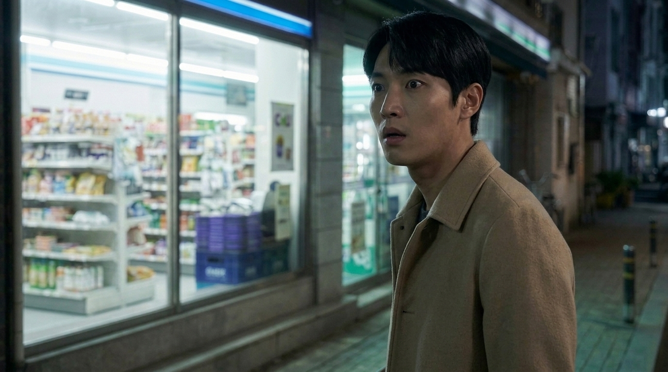바지 주머니에 손을 반쯤 넣은 채 무언가 떠오른 듯 눈을 크게 뜬 정인우의 놀란 얼굴.