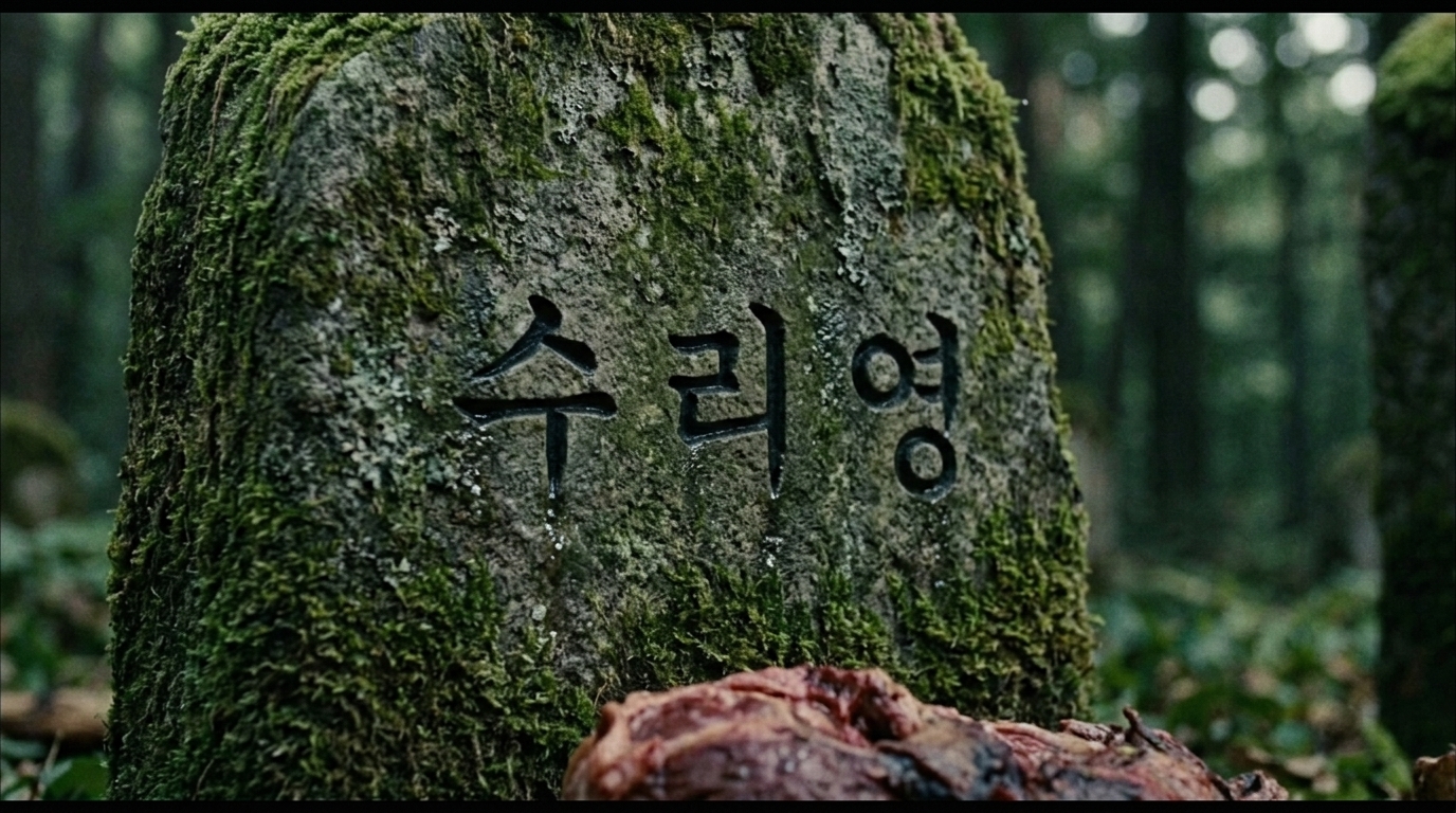 이끼 낀 바위 표면에 '수 리 영'이라는 세 글자가 선명하게 음각으로 새겨져 있는 비석의 클로즈업.