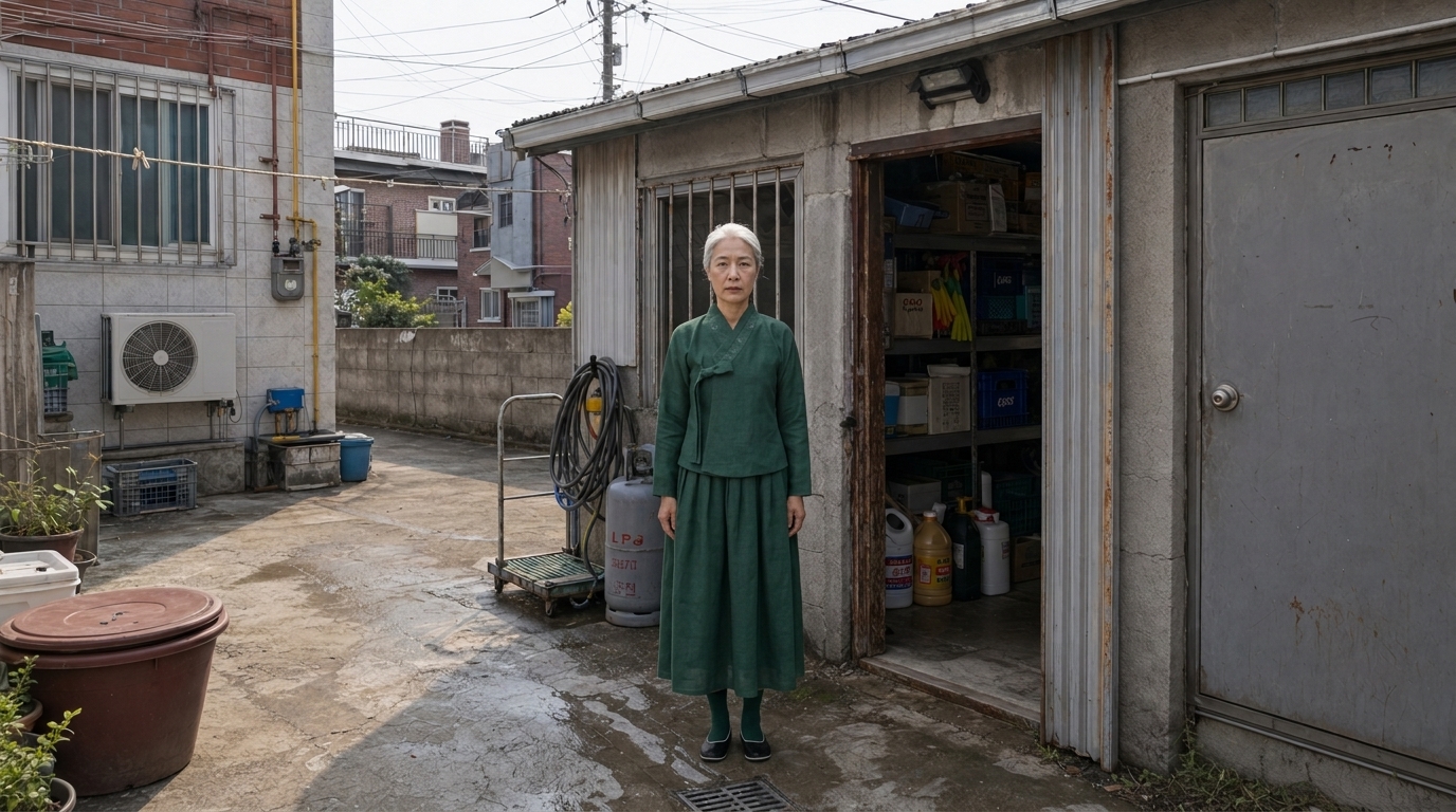 식당 뒷문 앞에 선 채 빤히 시선을 고정한 강영란(흰 머리 여자)의 정면 전신.