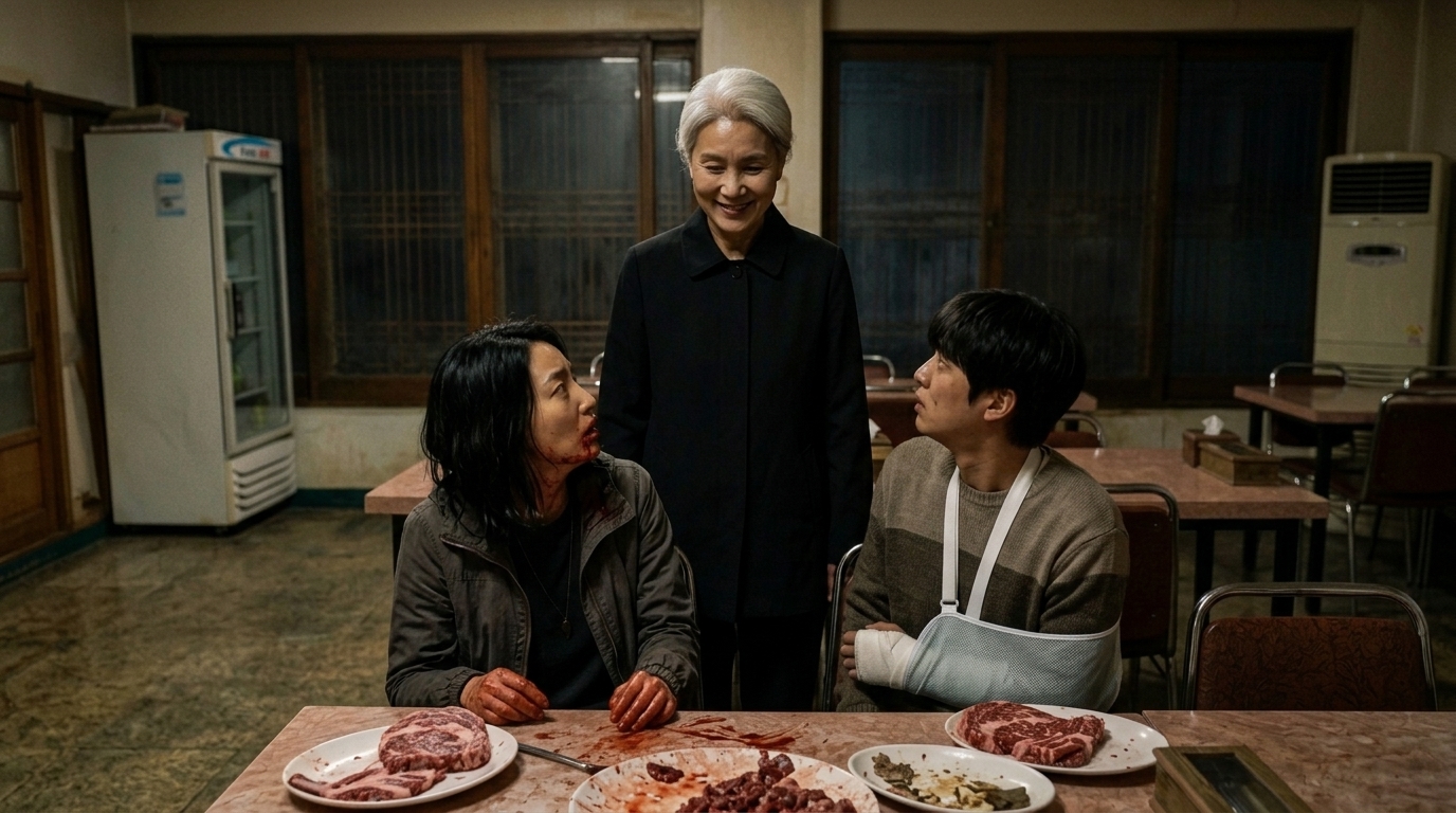 혼란스러운 두 사람을 내려다보며 입꼬리가 올라간 기괴한 미소를 머금고 있는 강영란(흰 머리 여자).