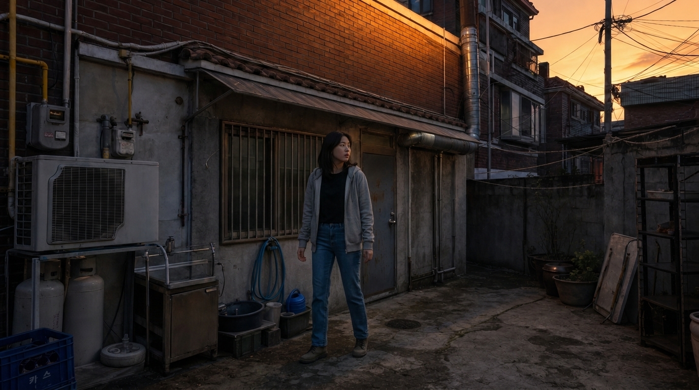 노을이 지는 식당 뒤뜰에 서서 불안한 눈빛으로 한쪽을 돌아보는 김지후(강수리영)의 전신.