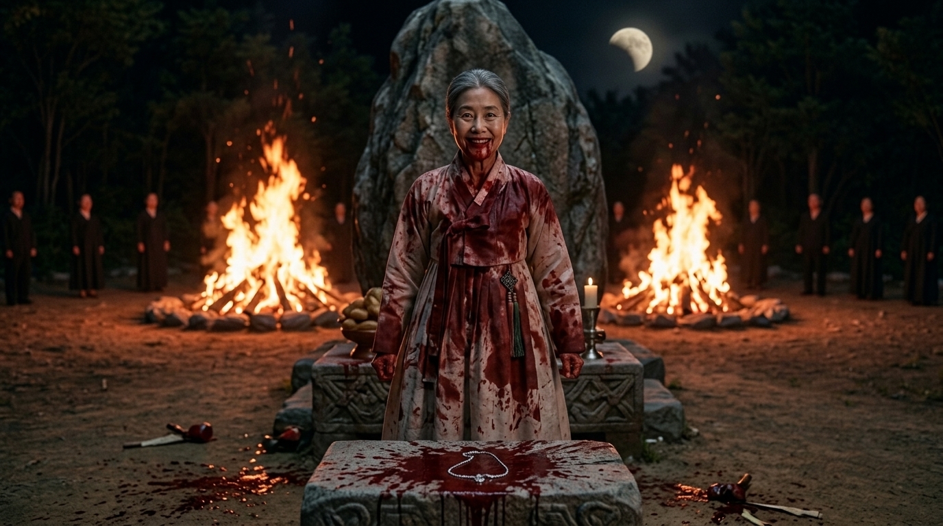 피로 물든 무녀복을 입은 채 광기 어린 미소를 지으며 제단 앞에 우뚝 선 강영란(흰 머리 여자)의 기괴한 전면.