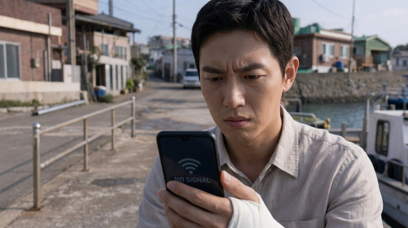 신호가 잡히지 않는 핸드폰 화면을 내려다보며 미간을 찌푸린 정인우의 당황한 얼굴.