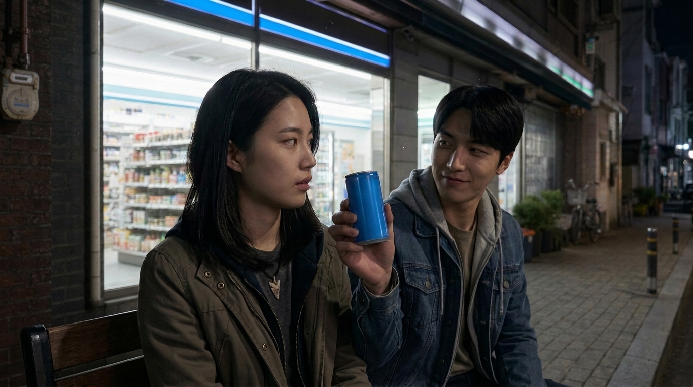 편의점 앞 벤치에 나란히 앉은 가운데 정인우가 김지후(강수리영)의 얼굴 앞까지 캔커피를 불쑥 내민 순간.