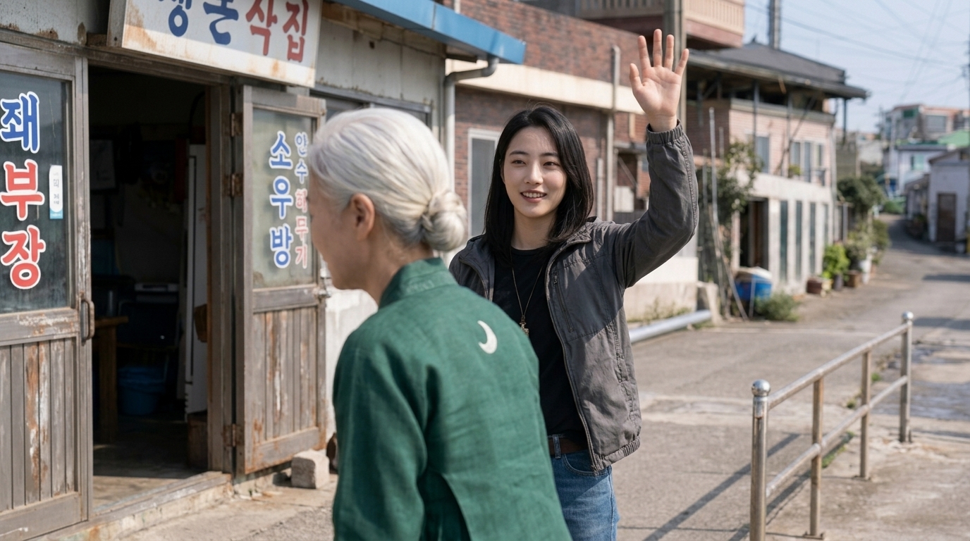 식당 앞에서 강영란(흰 머리 여자) 뒤에 선 채 정인우를 향해 한 손을 들어 반갑게 흔드는 김지후(강수리영)의 상체.