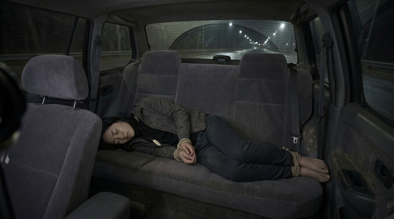 차량 뒷좌석에 손발이 묶인 채 죽은 듯 눈을 감고 누워 있는 김지후(강수리영)의 창백한 얼굴.