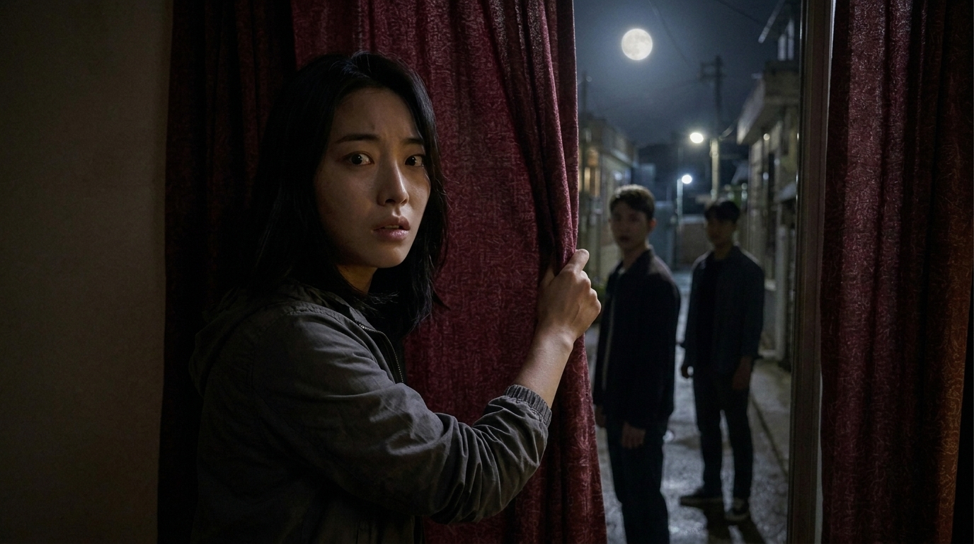 놀란 얼굴로 커튼 자락을 쥔 채 다급히 반쯤 당겨 닫고 있는 김지후(강수리영)의 긴장된 손과 굳은 표정.