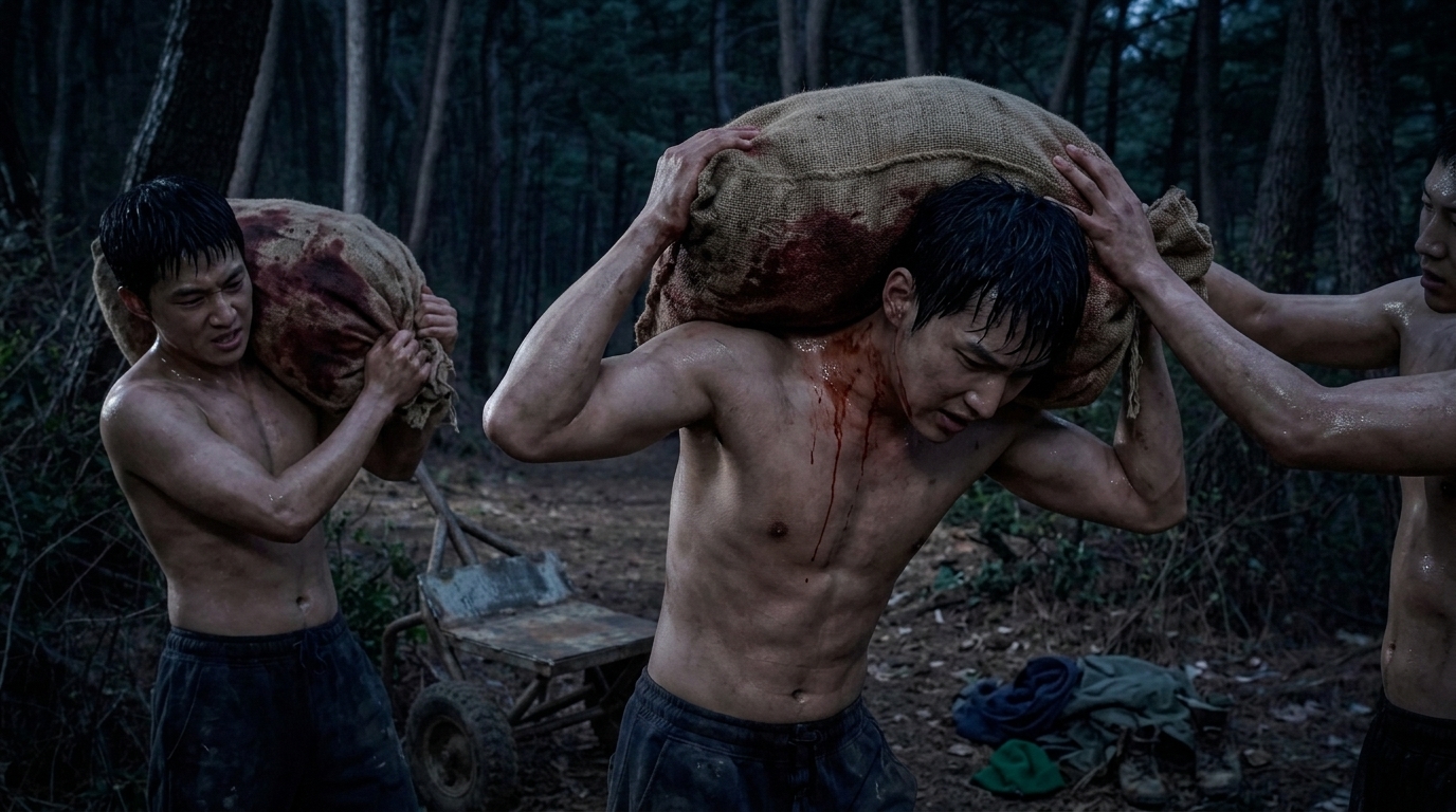 숲길 한가운데 멈춰 선 리어카에서 검붉은 피가 배어 나오는 커다란 포댓자루를 어깨에 번쩍 짊어진 한국인 마을 청년들의 땀에 젖은 상체.