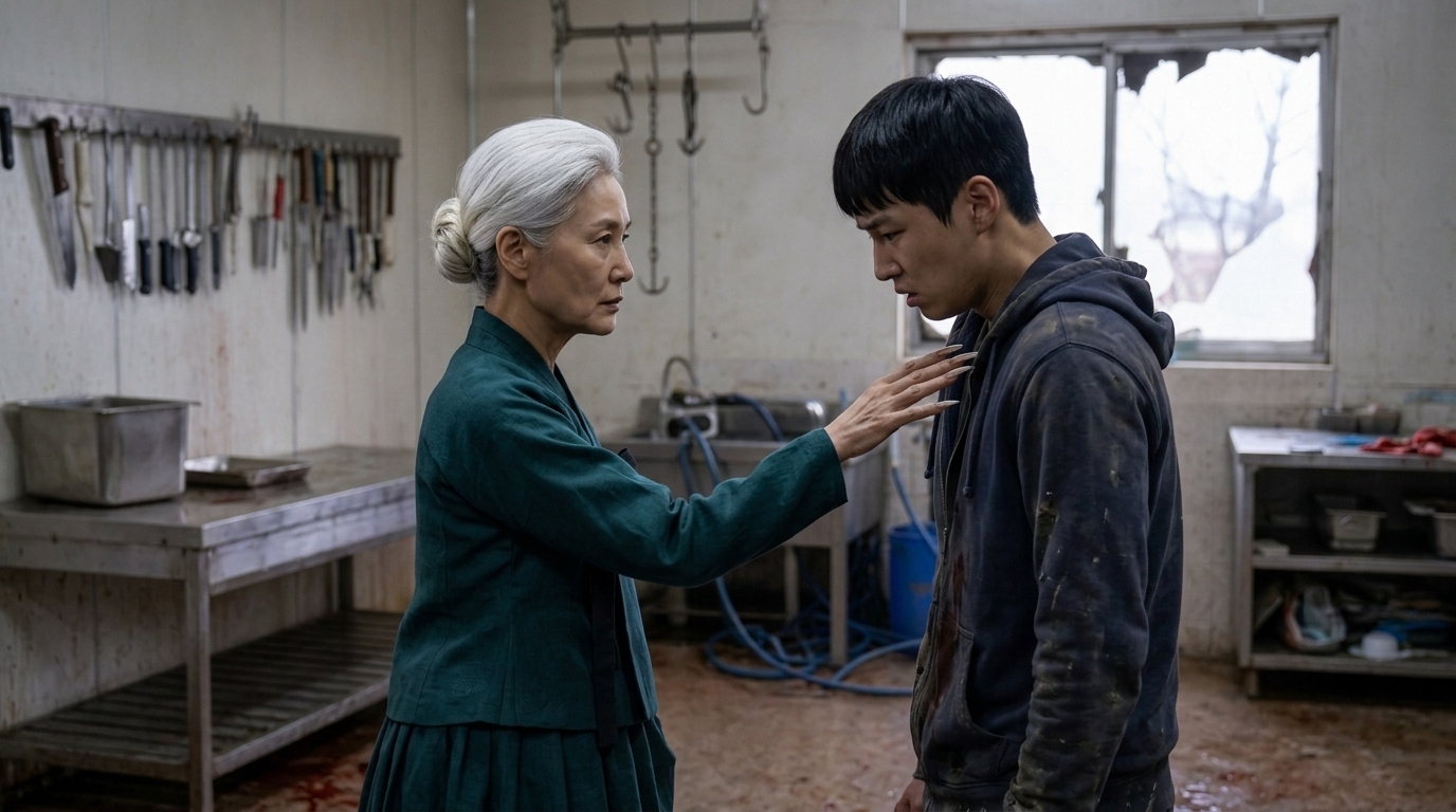 강영란(흰 머리 여자)의 날카로운 손톱이 마을 청년#1의 목줄기를 깊게 파고든 상태로 멈춘 mid-impact 순간.
