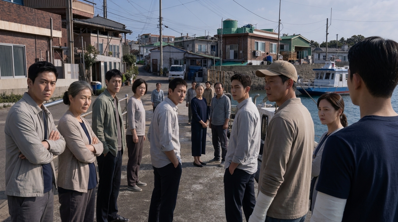 선착장에 모여 적대적인 눈빛으로 정인우를 노려보는 한국인 마을 사람들의 굳은 얼굴.