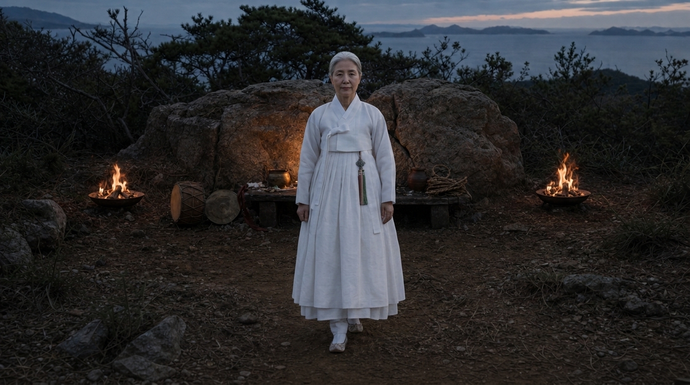 순백의 무녀복을 입은 채 바위 앞으로 걸어 나오며 한 발을 내디딘 강영란(흰 머리 여자)의 압도적인 전면.