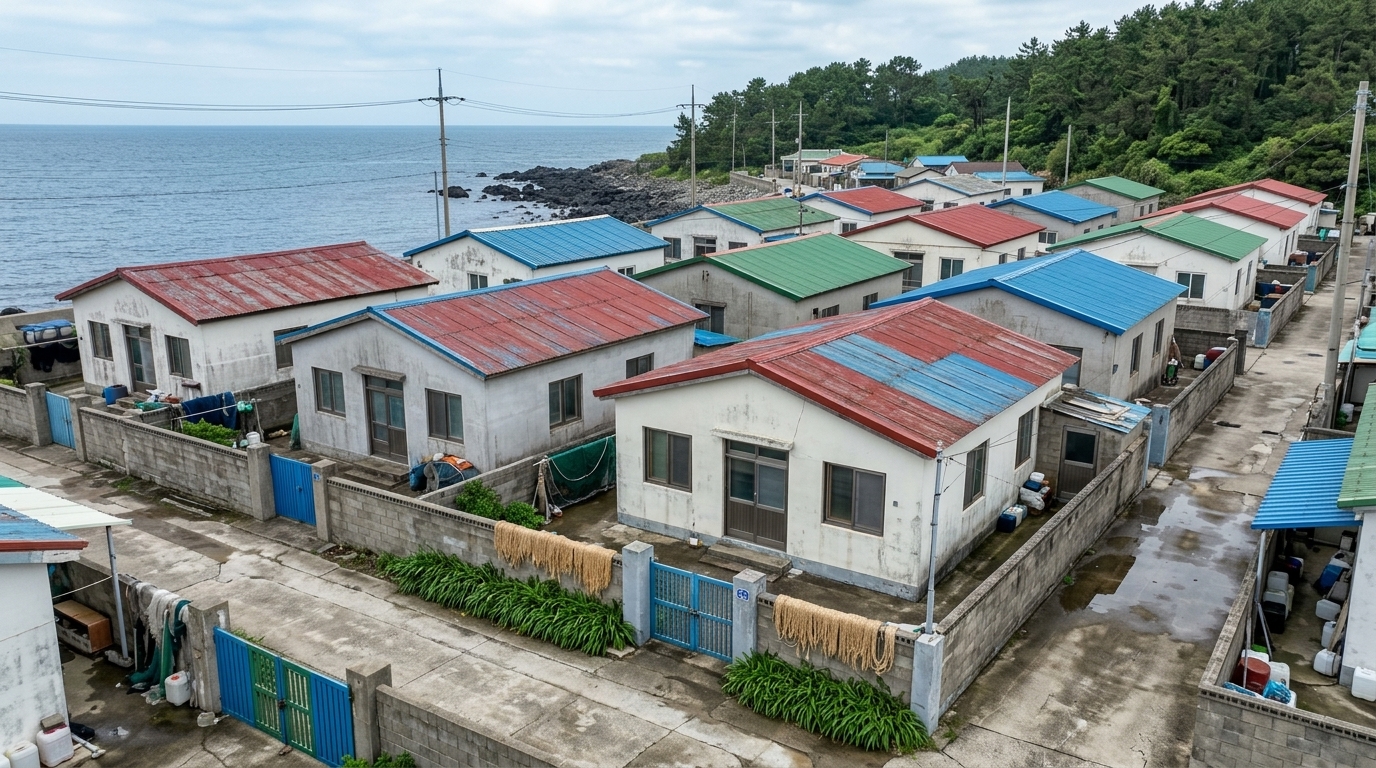 롤 A — ★ 선정. 10점 · 1위 · 브리프의 모든 지시사항(골함석 지붕, 회색 블록 담장, 파란색 철제 대문, 짚줄, 창포 식재)을 정확히 준수했으며, 해안에서 숲으로 이어지는 지리적 흐름도 명확하게 구현되었습니다.