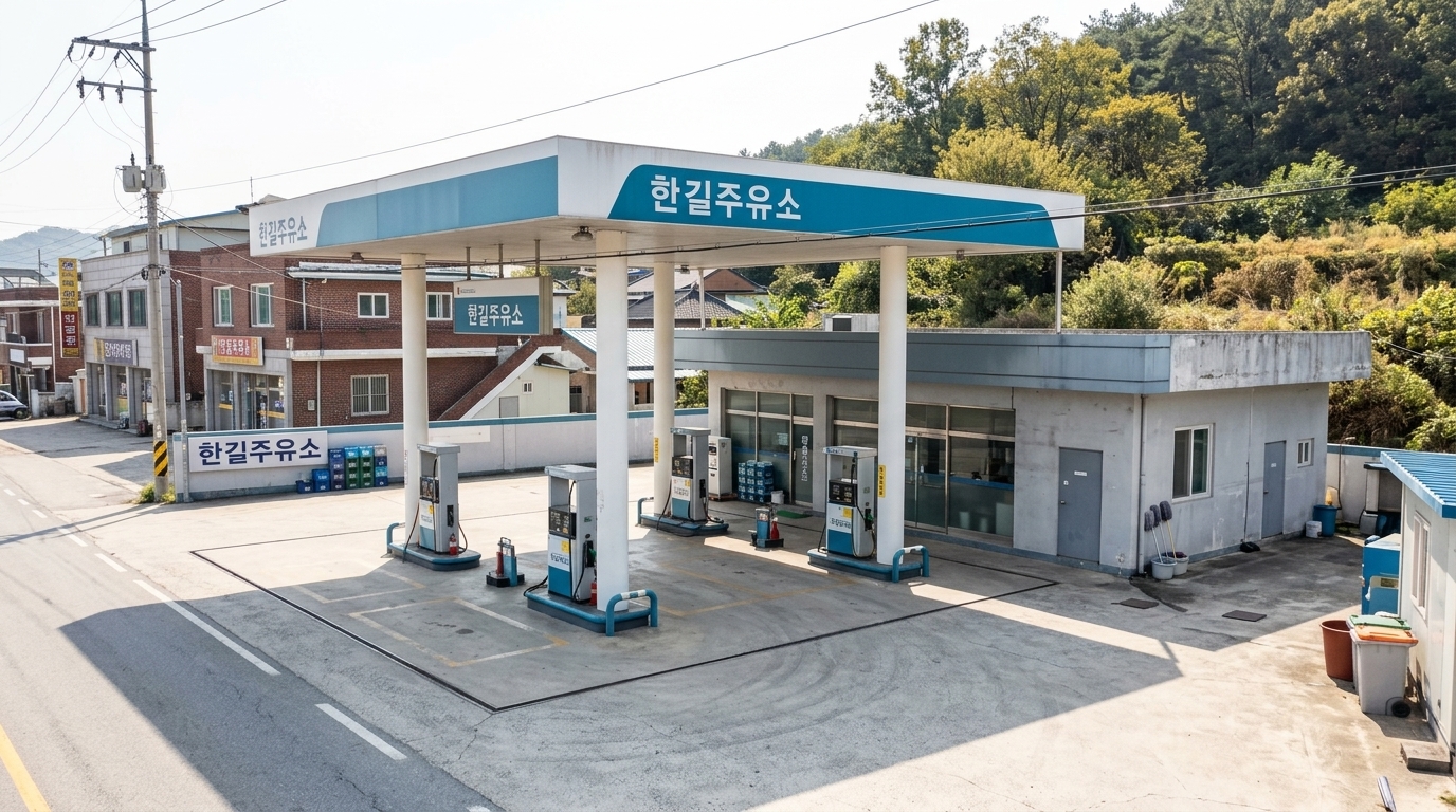 롤 A — ★ 선정. 7점 · 1위 · Passes inhabited neighborhood check. Storeys: 1 (matches brief). Correctly spells the committed "한길주유소" on the canopy and roadside sign, though it violates the negative constraint against uncommitted text on adjacent buildings. Layout, materials, and colors strictly follow the brief.