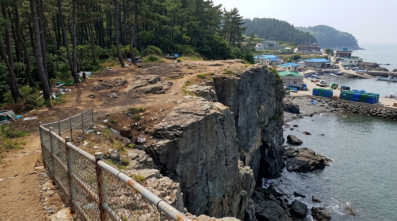 롤 A — ★ 선정. 10점 · 1위 · 0 storeys found, 0 committed. Flawlessly realises the continuous natural cliff topology from the inland forest directly to the seaward brink. It provides excellent active regional surroundings in the background while successfully avoiding the excluded blue sea and breaking waves transients.