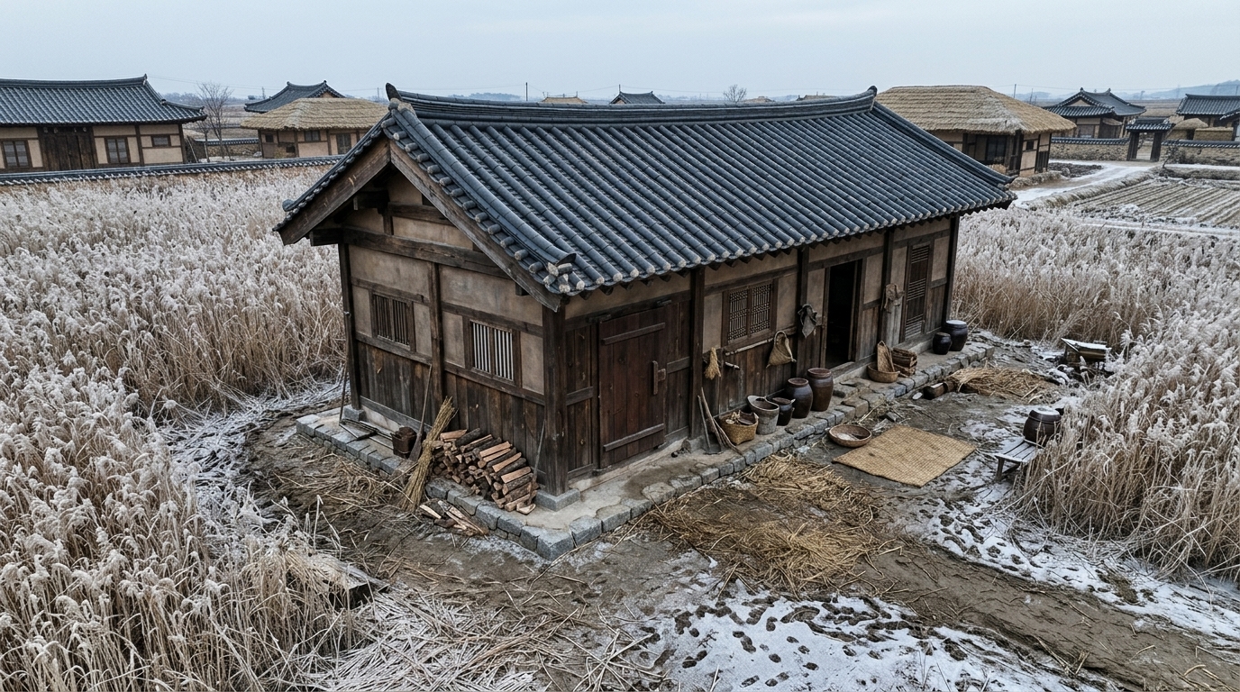롤 A — ★ 선정. 10점 · 1위 · Shows 1 storey (matches brief: 1) and faithfully follows the brief's structural constraints, featuring the requested elongated rectangular mass and a single solid timber-plank door on the long side, with appropriate early-twentieth-century rural details and everyday signs of use.
