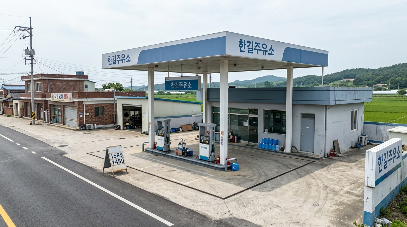 롤 B — 탈락. 5점 · 2위 · Passes inhabited neighborhood check. Storeys: 1 (matches brief). Mangles the spelling of the required text on the freestanding roadside identification sign and includes uncommitted readable text on an A-frame sign and background buildings.