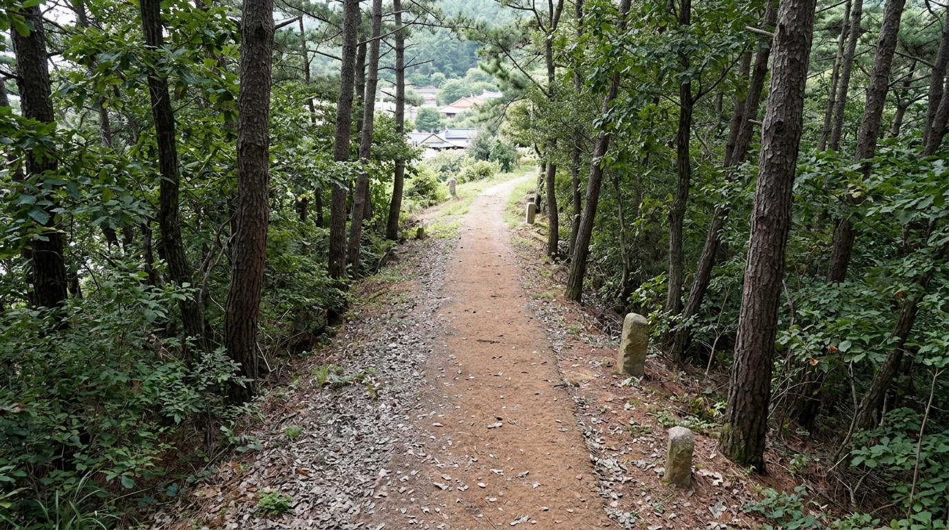 롤 B — ★ 선정. 9점 · 1위 · Faithfully depicts exactly one continuous, uninterrupted footpath of the correct width and surface materials, completely enclosed by woodland, with village buildings in the background firmly establishing the required inhabited island setting.