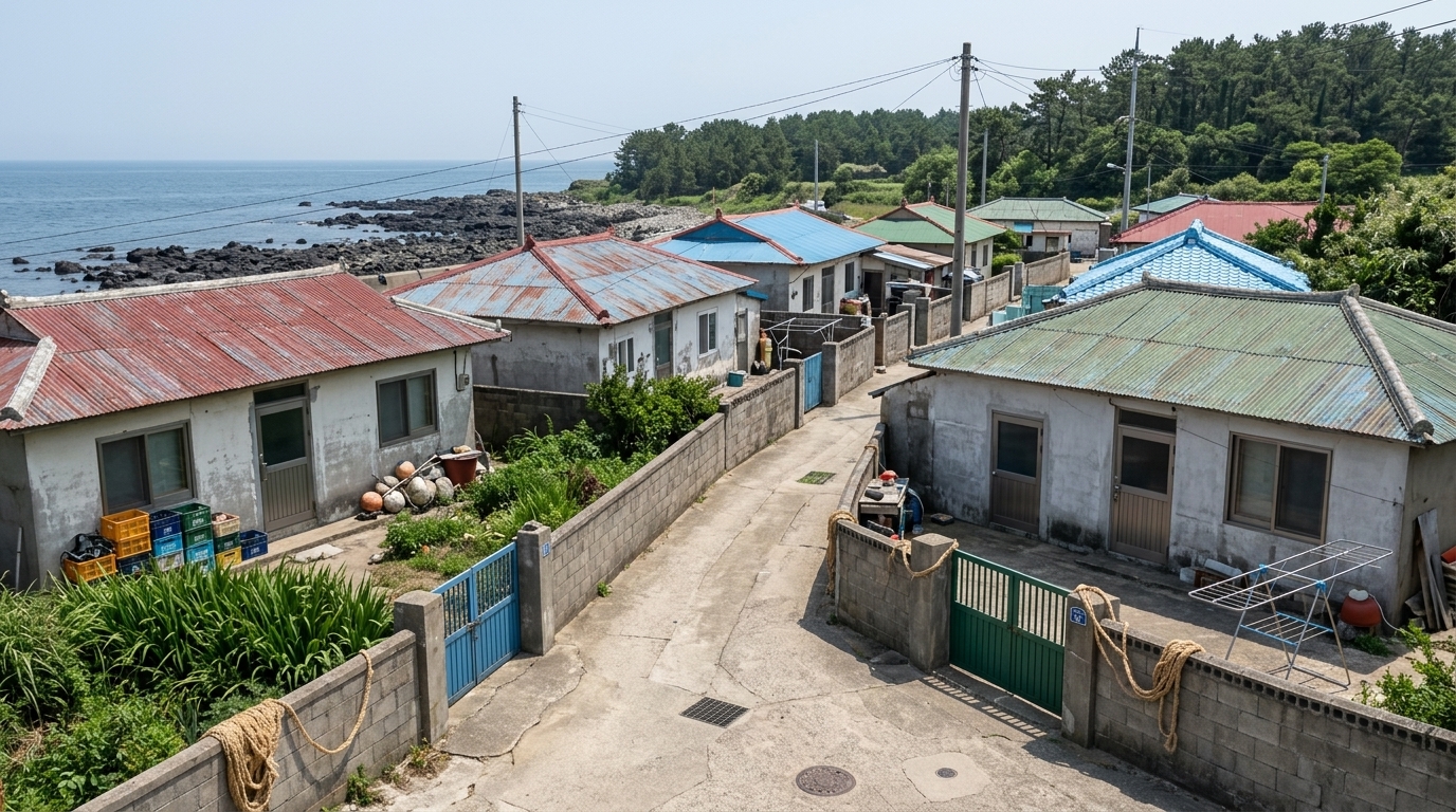 롤 B — 탈락. 7점 · 2위 · 지정된 식재와 담장 짚줄 등 훌륭한 디테일을 보여주나, 우측 가옥들의 지붕이 브리프가 명시한 '골함석(corrugated steel)'이 아닌 전통 기와로 렌더링되어 재질 지시를 위반했습니다.