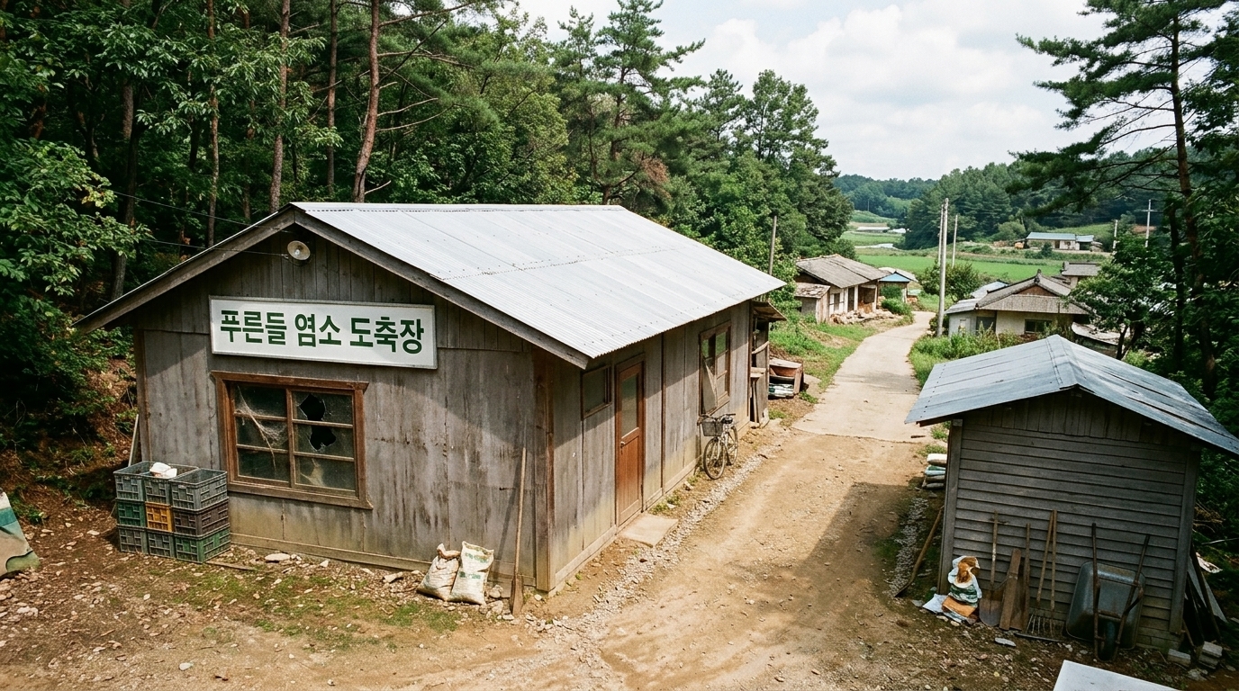 롤 C — ★ 선정. 8점 · 1위 · Main building shows 1 storey (matches 1); livestock shed shows 1 storey (matches 1). The exact requested sign text is beautifully reproduced and correctly mounted on the long frontage, which also features the required path-side entrance and broken window. Traces of everyday active use are present. However, a prominent duplicate window is added to the right of the door, which violates the strict single-window evidence.