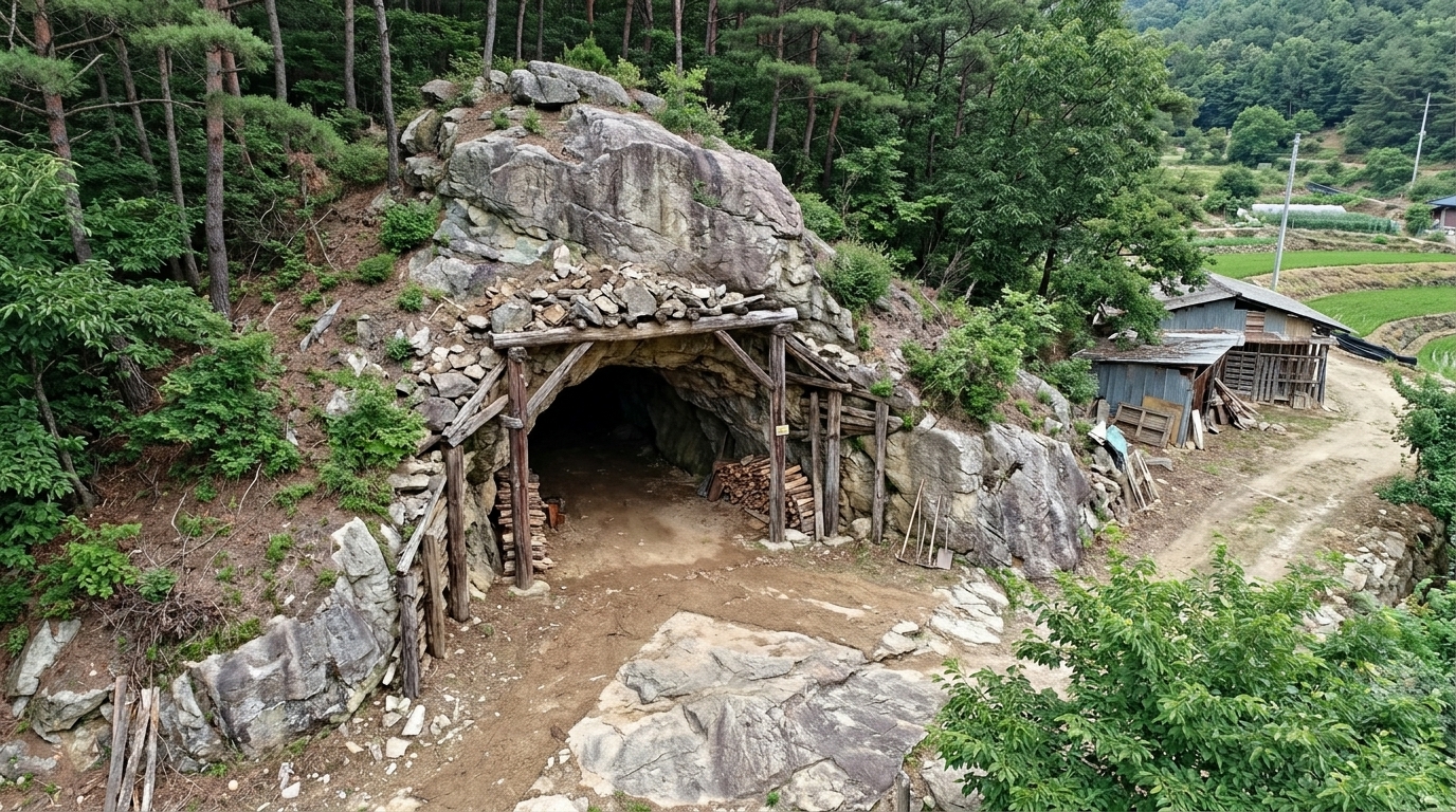 롤 B — 탈락. 5점 · 2위 · Fails the 'count it and compare it' scale check: based on the human-scale tools and firewood, the opening is substantially undersized (roughly 6x4m instead of 9x6m). The rock mass also drops off abruptly on the right, making it visually doubtful it could contain the massive interior capacity required.