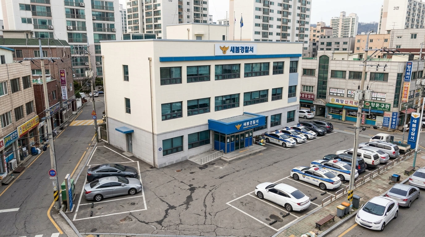 롤 C — 탈락. 5점 · 3위 · 3층 구조는 구현되었으나, 제외 대상인 '주차된 경찰 차량'이 다수 묘사된 점이 위반 사항입니다. 출입구 캐노피에 표기된 경찰서 이름 또한 일치하지 않고 왜곡되었습니다.