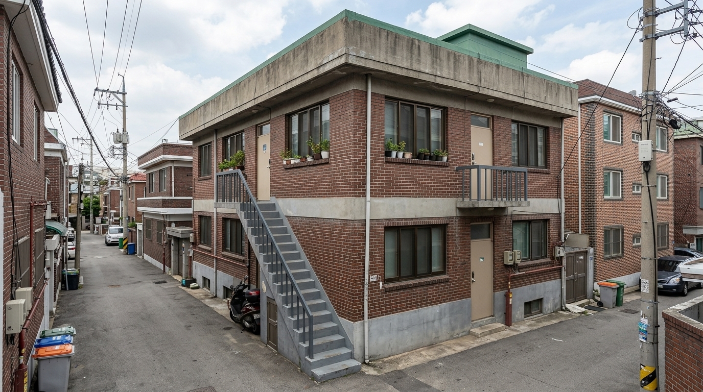 롤 C — ★ 선정. 10점 · 1위 · Matches the 3 committed storeys (3/3). Flawlessly implements all material and structural requirements, prominently featuring the poured-concrete stair with painted-steel railings, a solid concrete parapet, dark bronze window frames, and beige doors.