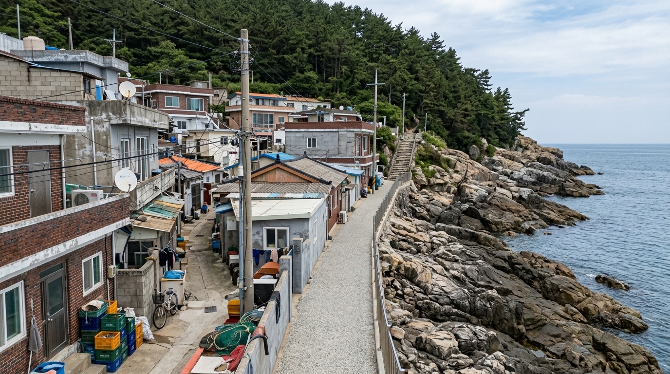 롤 B — 탈락. 7점 · 2위 · Storeys: N/A (matches N/A); walking courses: 1 (matches 1). Passes the inhabited place check. Correctly renders the prescribed path topology and materials, but loses points for omitting the distinct everyday fittings (the yellow safety box) established by the reference photograph.