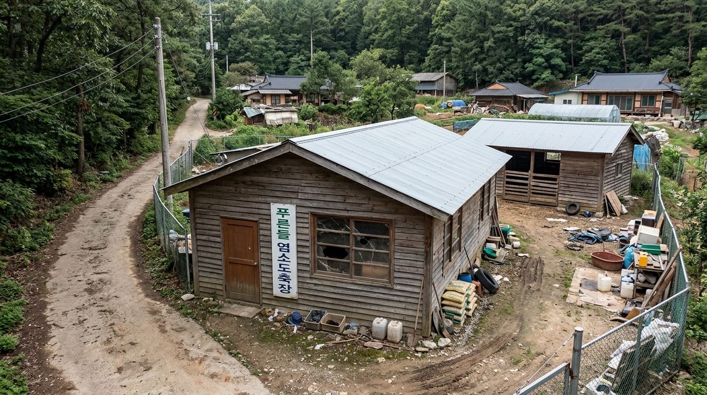 롤 A — 탈락. 5점 · 2위 · Main building shows 1 storey (matches 1); livestock shed shows 1 storey (matches 1). While the materials and atmosphere are good, it commits structural and text violations: the required sign is missing a space in the lettering ("푸른들 염소도축장") and is mounted vertically on the short gable end. Furthermore, the entrance is placed on this short gable end rather than the long building frontage as required.