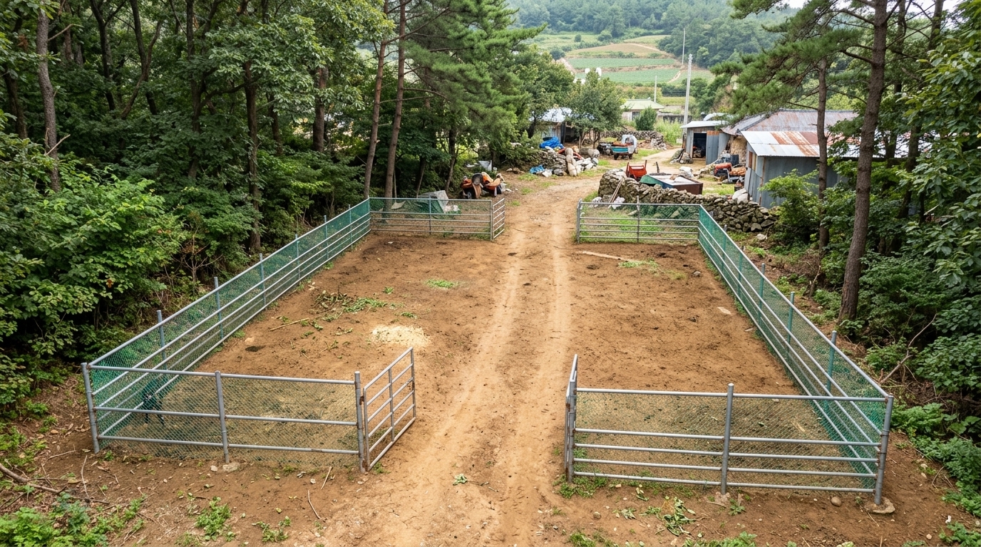 롤 C — 탈락. 0점 · 3위 · HARD VIOLATION: A black goat is clearly visible standing inside the enclosure in the bottom left corner, violating the strict exclusion of animals.