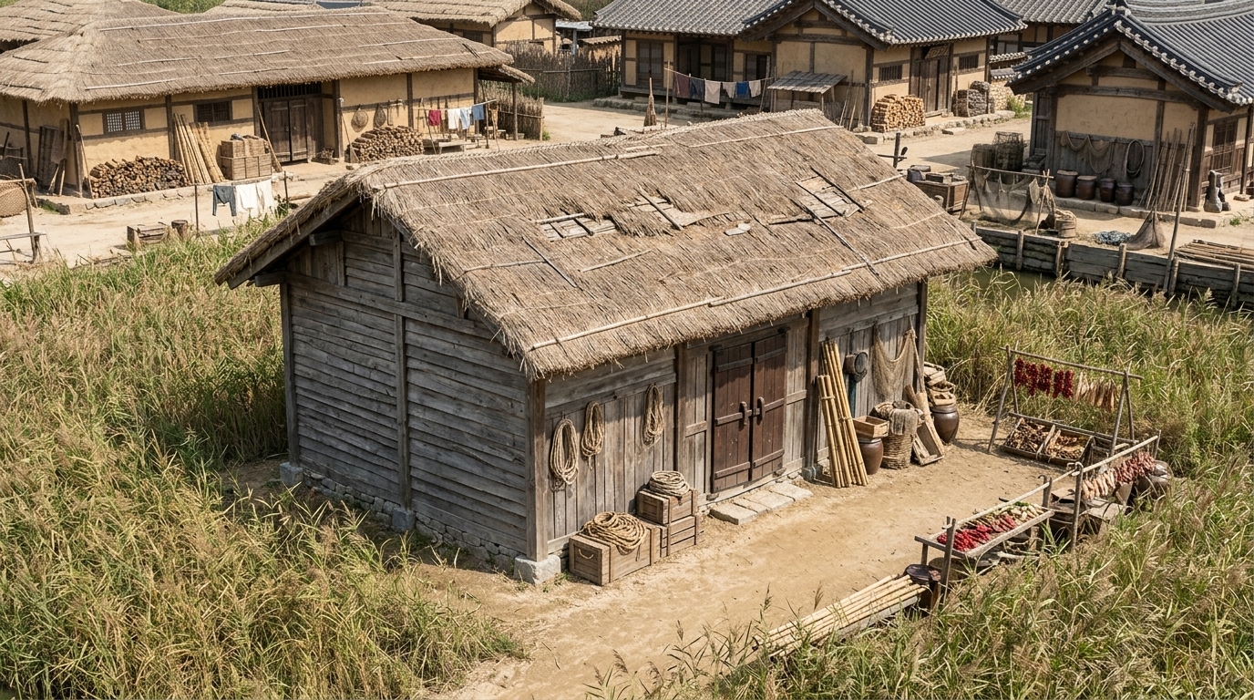 롤 B — 탈락. 7점 · 2위 · 1 visible storey matches 1 committed. Fails the massing constraint; the eaves are squashed to just above the 2.1m door, falling short of the committed 3-metre eave height.