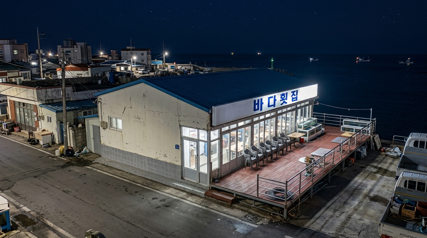 롤 C — ★ 선정. 9점 · 1위 · Shows 1 storey (matches 1). Perfectly aligns the layout with the brief by placing the glass frontage, the illuminated fascia, and the 14m deck on the long side facing the sea. Accurately renders all materials, colors, and massing details. Minor flaws: readable brand text on the truck violates the strict 'no other text' rule, and the main hinged door connects to the street rather than directly to the deck, but its structural and directional conformance remains unmatched.