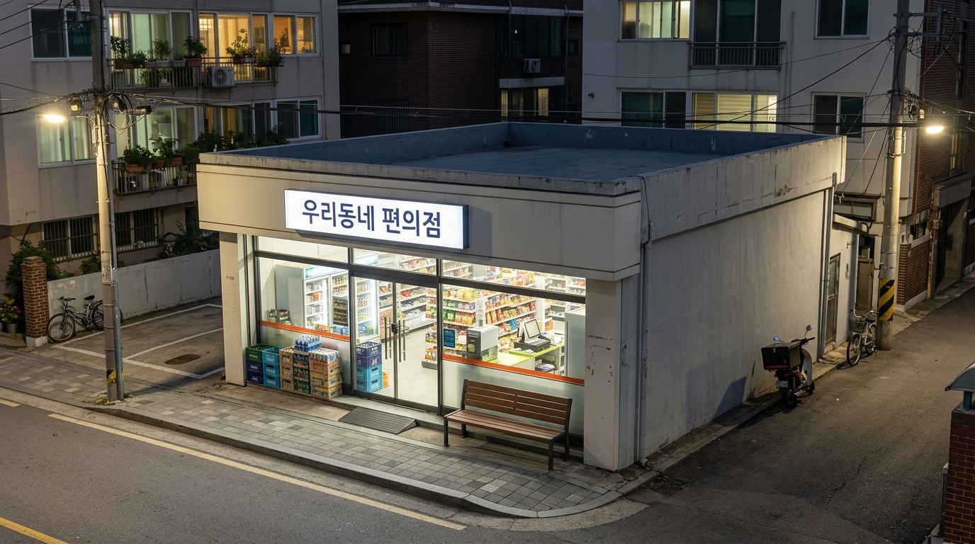 롤 A — ★ 선정. 10점 · 1위 · 1 visible vs 1 committed storey. The candidate flawlessly realizes the brief, correctly depicting the night setting, the specified materials (including the dark gray waterproofed flat roof and off-white panels), the accurate main signage, and obeying the negative constraint by adding no other readable text.