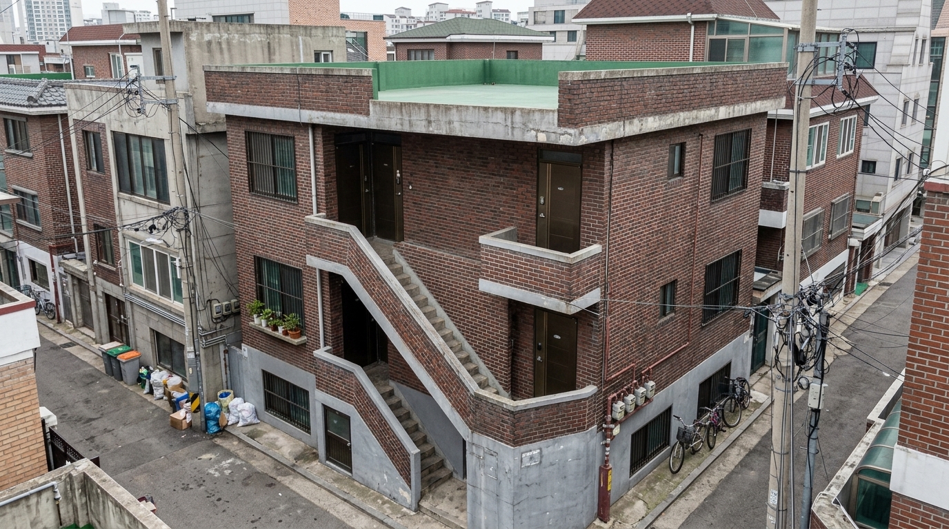 롤 B — 탈락. 5점 · 3위 · Matches the 3 committed storeys (3/3). Violates the brief by featuring dark brown doors instead of beige, solid brick stair railings instead of painted-steel, a brick parapet, and two doors on the second-floor landing instead of the singular evidenced one.