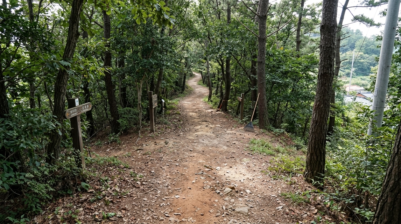 롤 C — 탈락. 6점 · 2위 · Establishes a strong maintained atmosphere with a leaning rake and believable surface, but features a clear junction with a second trail branching off to the left, contradicting the brief's strict requirement for exactly one uninterrupted footpath.