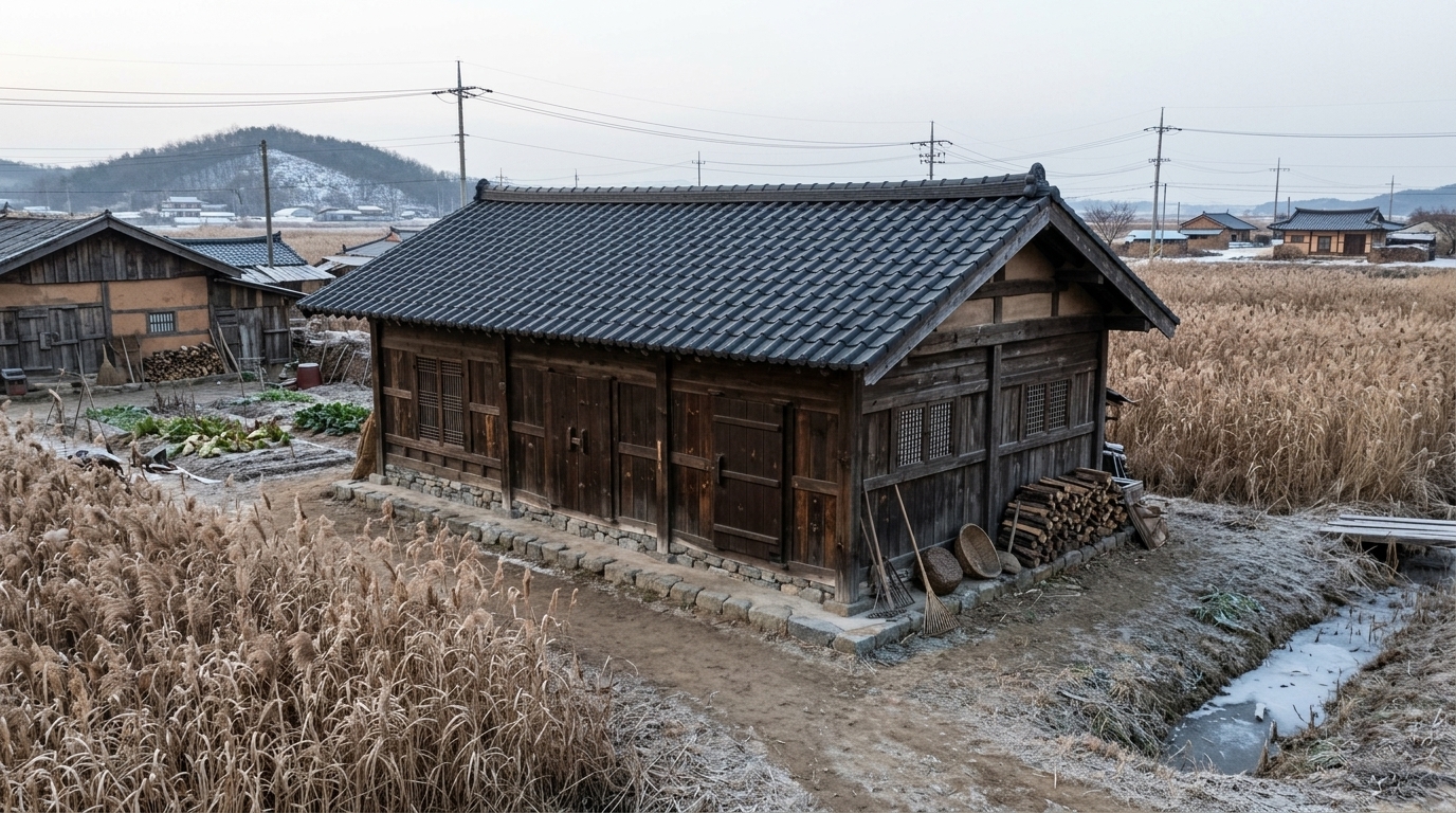 롤 C — 탈락. 4점 · 3위 · Shows 1 storey (matches brief: 1), but violates the brief by multiplying the entrance into several doors along the long side, and includes anachronistic modern utility poles and power lines that fail the early-twentieth-century regional authenticity requirement.
