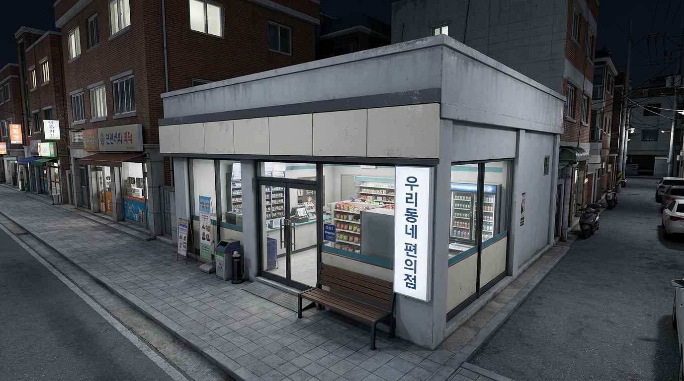 롤 C — 탈락. 6점 · 2위 · 1 visible vs 1 committed storey. While it captures the correct night setting and structure type, it strictly violates the in-world signage negative constraint ('add no other readable text anywhere in the image') by generating prominently legible Korean text on the adjacent building's awning.