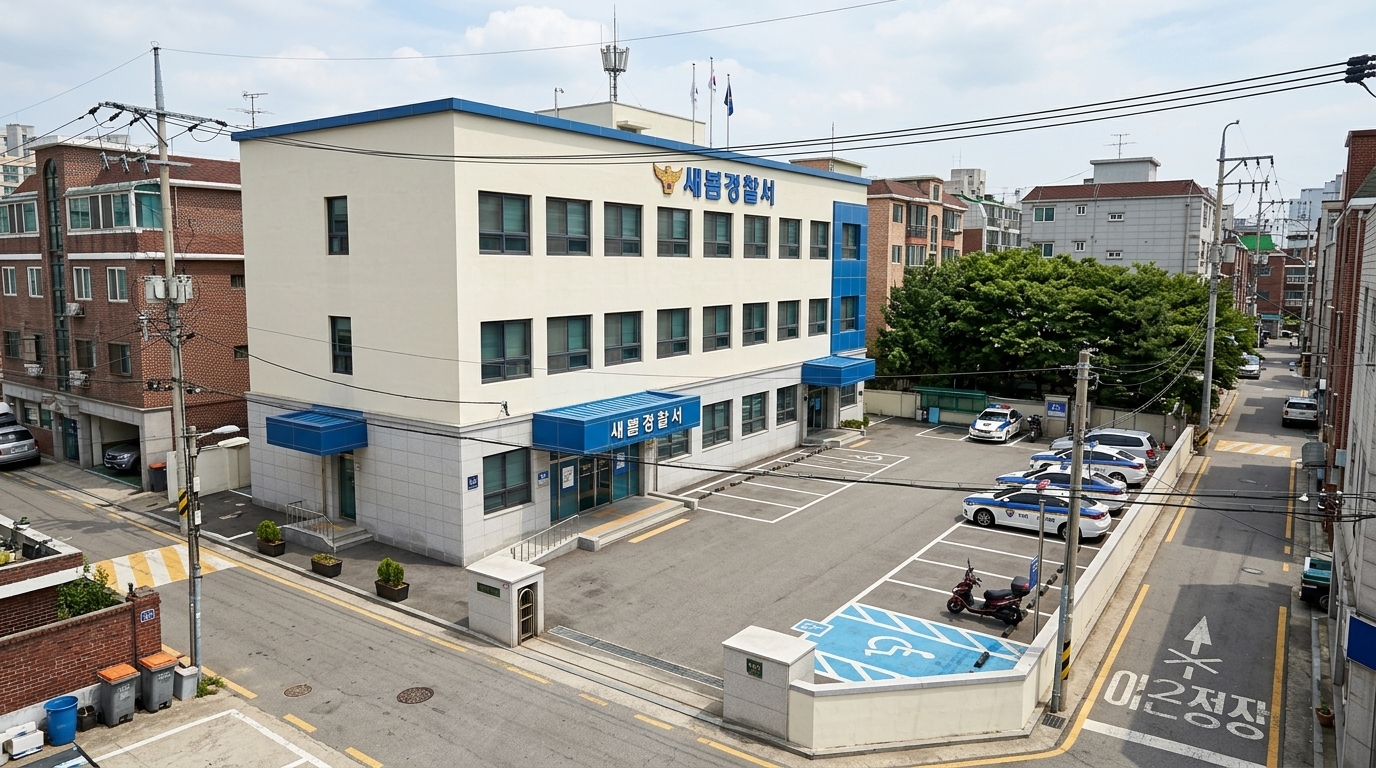 롤 B — 탈락. 5점 · 2위 · 건물(3층)의 형태는 요건에 맞으나, 명시적으로 배제하도록 한 '주차된 경찰 차량'을 포함하는 치명적인 위반이 있습니다. 또한 캐노피의 간판 텍스트가 지침(새봄경찰서)과 다르게 왜곡되어 있습니다.
