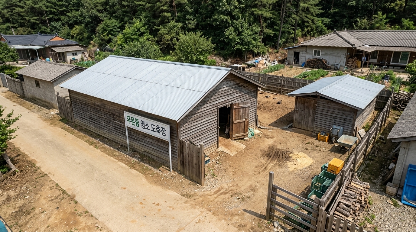 롤 B — 탈락. 0점 · 3위 · HARD VIOLATION: An animal (goat) is clearly visible standing inside the open doors of the main building, violating the negative prompt against any animals. Additionally, the sign is free-standing rather than mounted directly on the path-side frontage as specified.