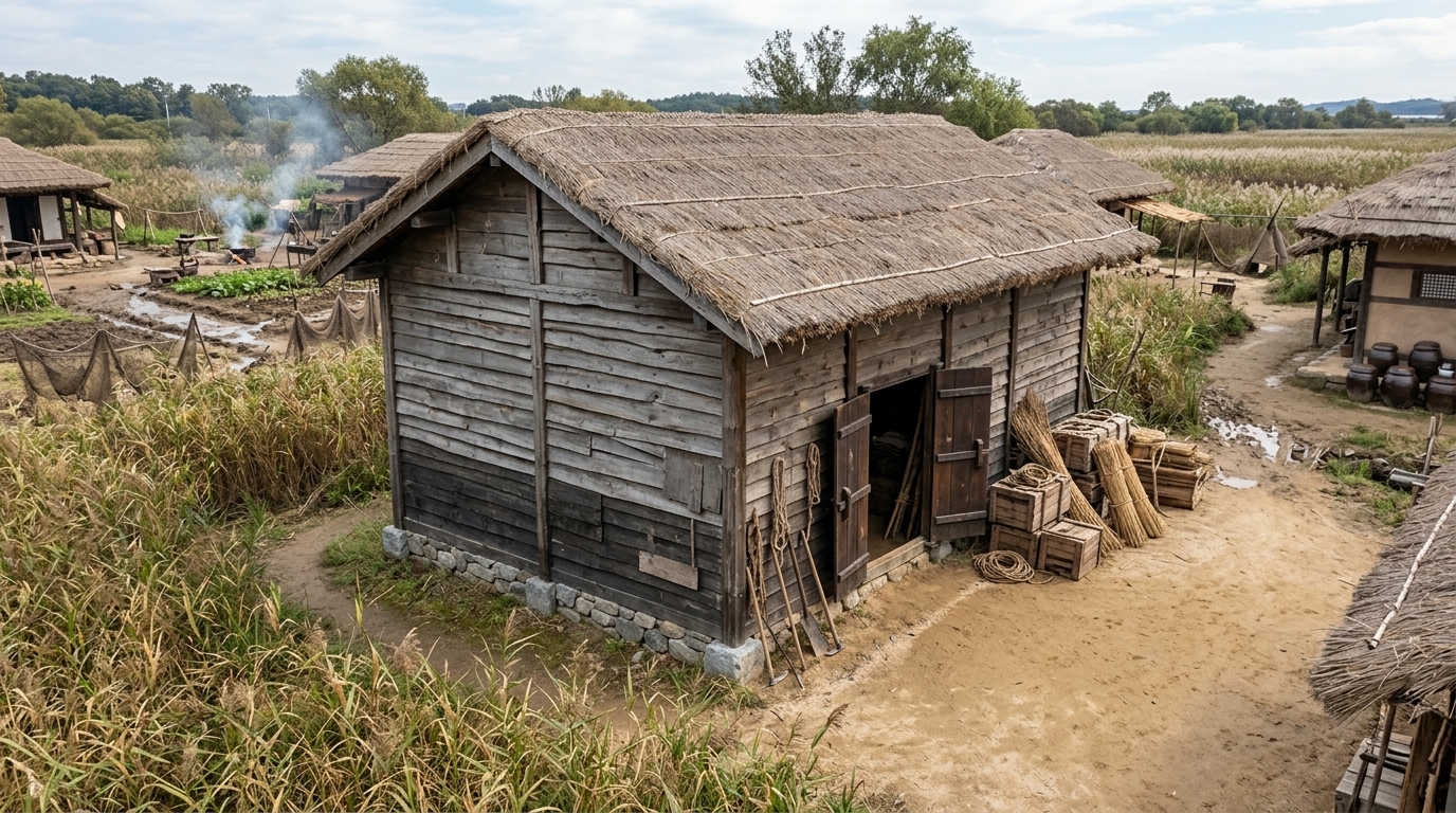 롤 C — 탈락. 5점 · 3위 · 1 visible storey matches 1 committed. Fails the massing constraint with overly low eaves, and violates the exterior material constraint by featuring blackened or charred wood on the lower walls instead of the required gray-brown pine.