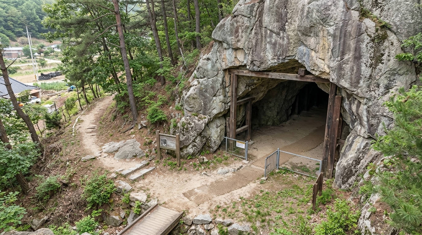 롤 C — ★ 선정. 9점 · 1위 · Matches the committed 9x6m opening scale (judged against the standard ~1.1m safety fencing) and features a continuous mountain rock mass clearly deep enough to house the required 45m passage and large interior volume. Shows clear signs of practical maintenance without triggering excluded transients.