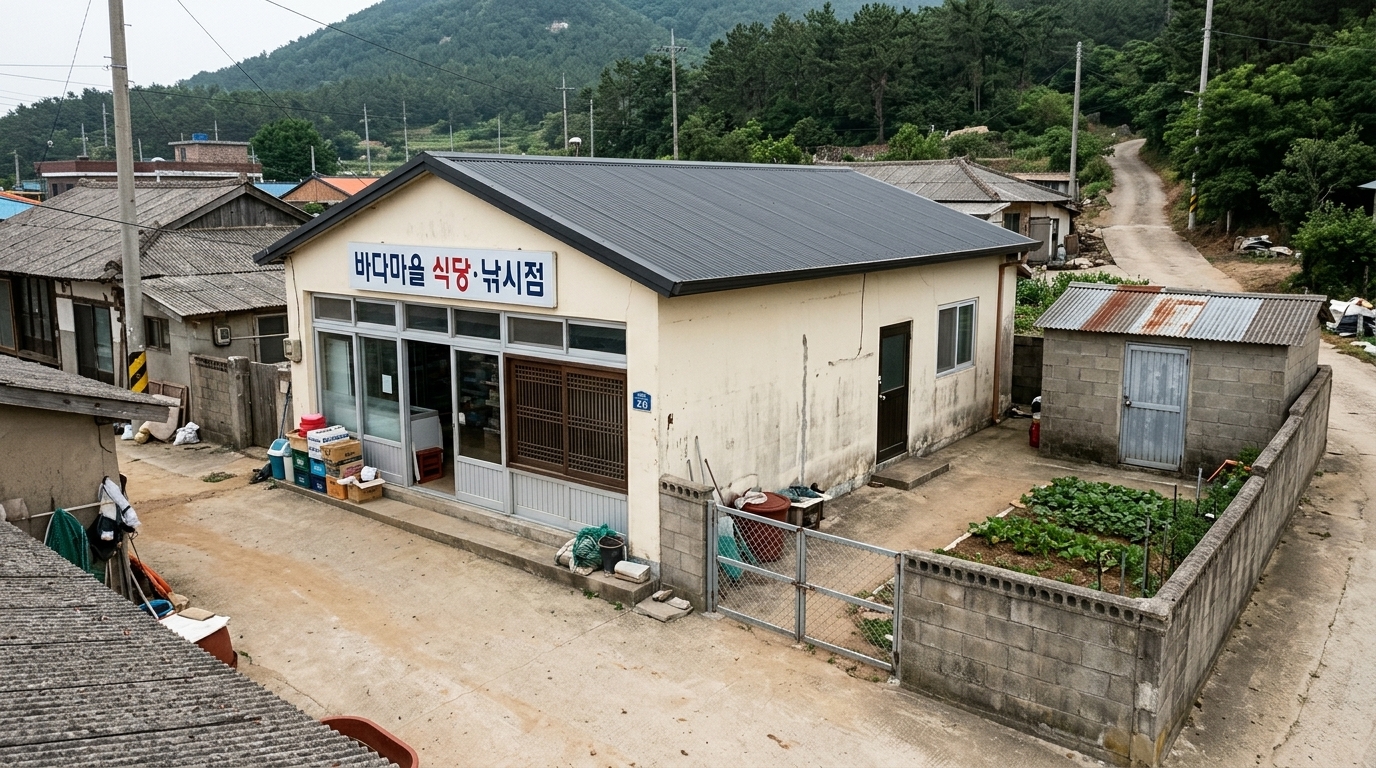 롤 A — ★ 선정. 9점 · 1위 · 구조적 제약(1층, 직사각형 매싱, 정확한 개구부 수)과 간판 텍스트(띄어쓰기 포함)를 완벽하게 준수했습니다. 마당 내에 텃밭과 창고가 올바르게 배치되어 있으나, 제외되어야 할 작물이 자라는 모습이 포함된 점만 감점 요소입니다.