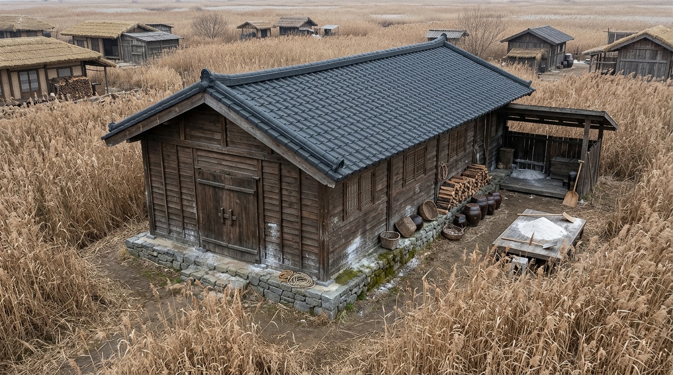 롤 B — 탈락. 6점 · 2위 · Shows 1 storey (matches brief: 1), but contradicts the brief by placing the prominent solid door on the short gable end instead of the long side, and alters the requested simple rectangular massing by adding a side lean-to structure.