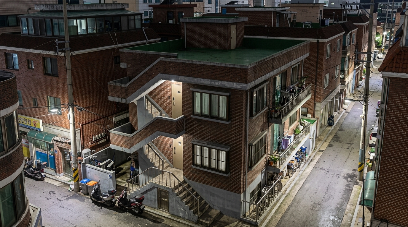 롤 A — 탈락. 6점 · 2위 · Matches the 3 committed storeys (3/3). Violates material specifications by showing solid masonry stair railings instead of the committed painted-steel, a brick parapet instead of concrete, and some white window frames instead of dark bronze.