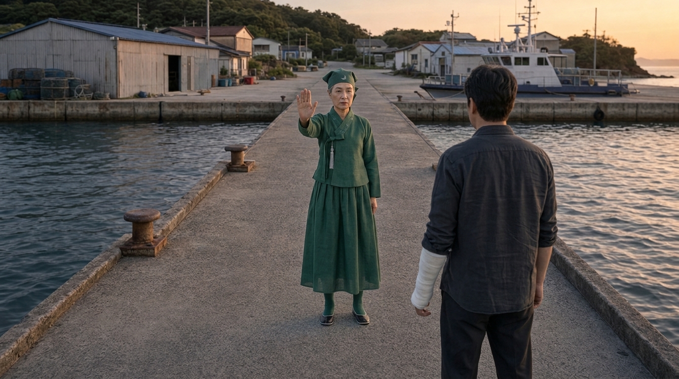 정인우를 향해 한 손을 꼿꼿이 들어 올린 채 단호하게 앞을 막아선 강영란(흰 머리 여자)의 굳건한 상체.
