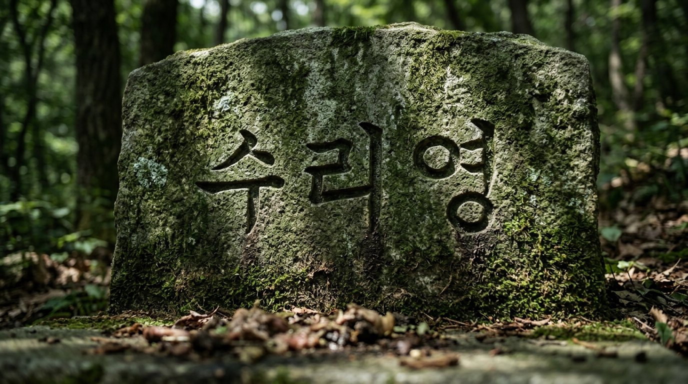 이끼 낀 비석 표면에 '수리영'이라는 글자가 깊게 음각으로 파여 있는 모습의 클로즈업.
