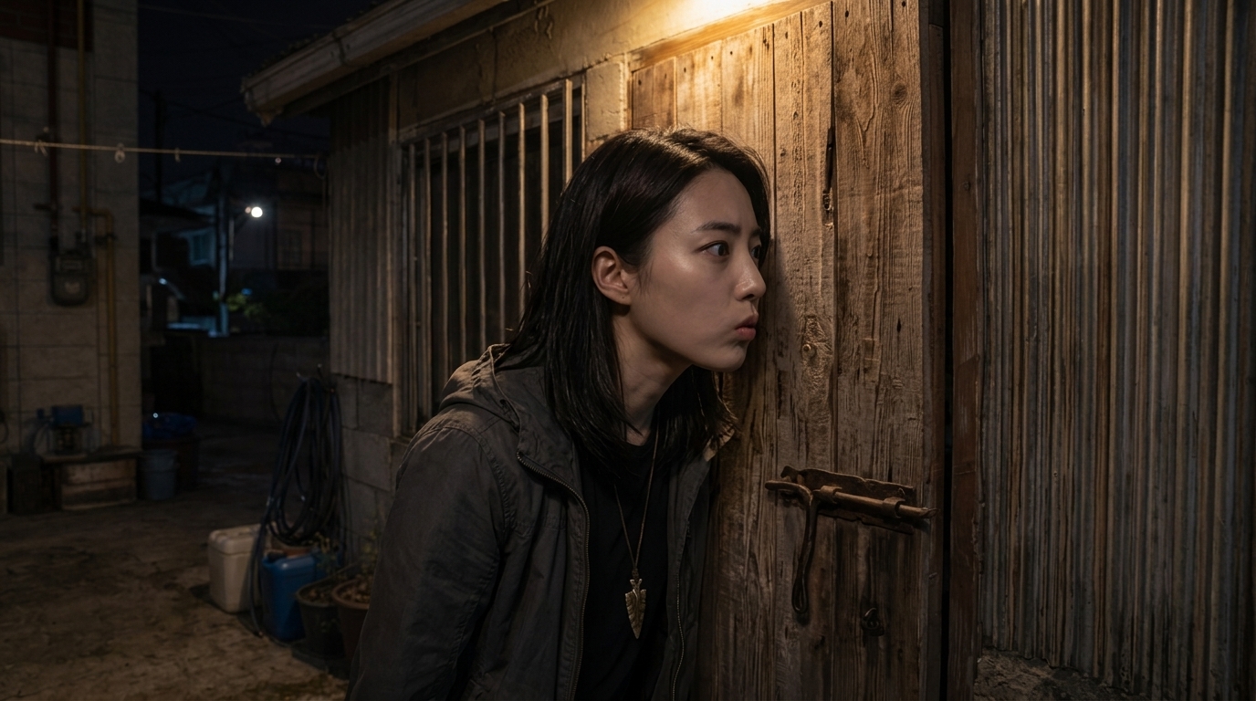 창고의 거친 나무 문 표면에 한쪽 귀를 바짝 갖다 댄 채 숨을 죽인 김지후(강수리영)의 상체.